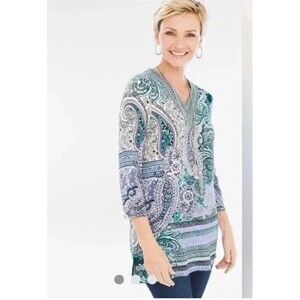 Chico's Villa Paisley Blouse Top Pullover Shirt 3/4 Sleeves Size 2 Large Stretch